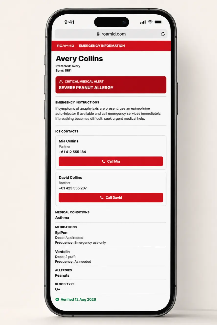 Representative sample RoamID emergency profile displayed in a smartphone browser